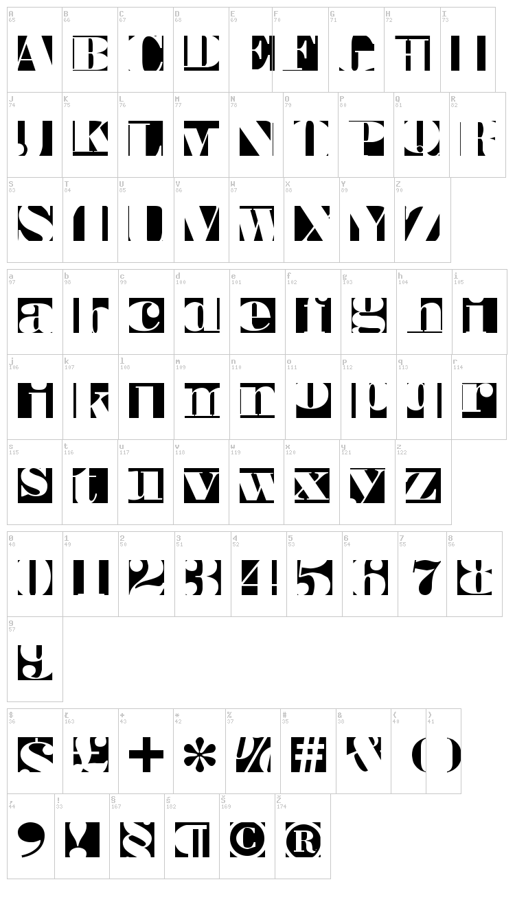 Bodoblack Squares font map