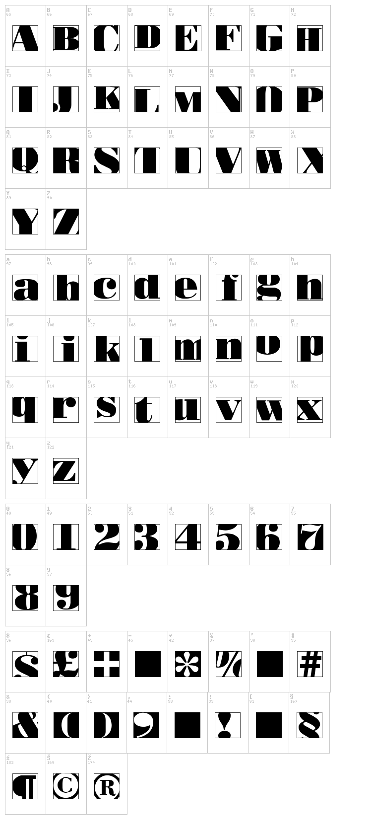 Bodoblack Squares font map