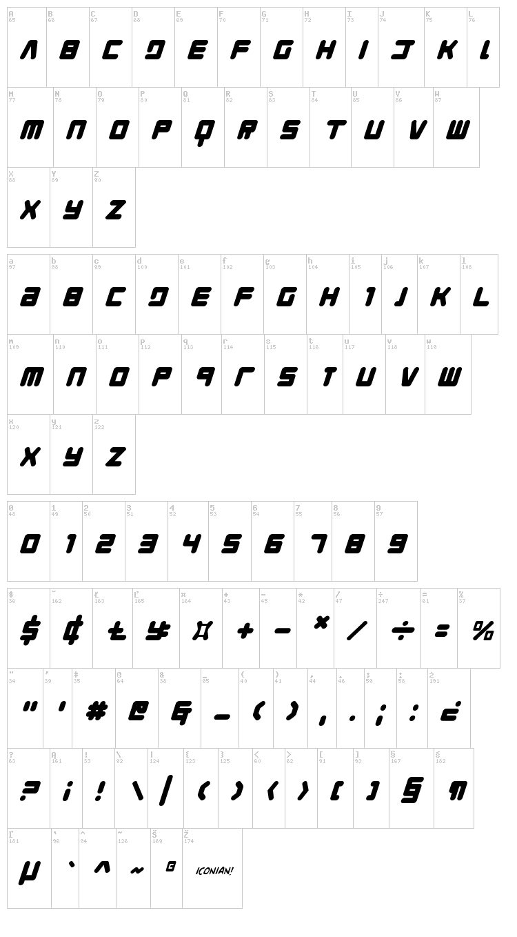 Young Techs font map