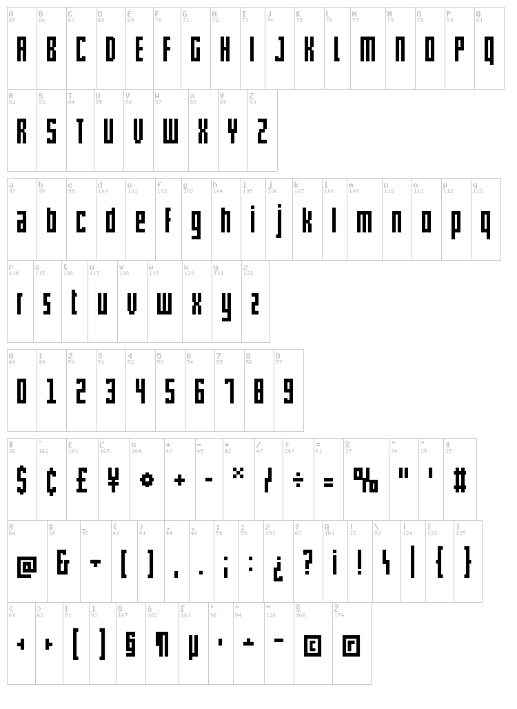 Pxlxxl Cond font map