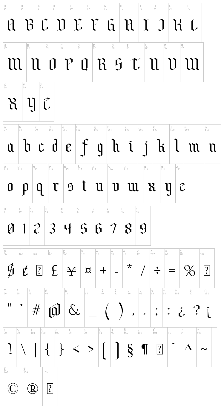 Bensch Gothic font map