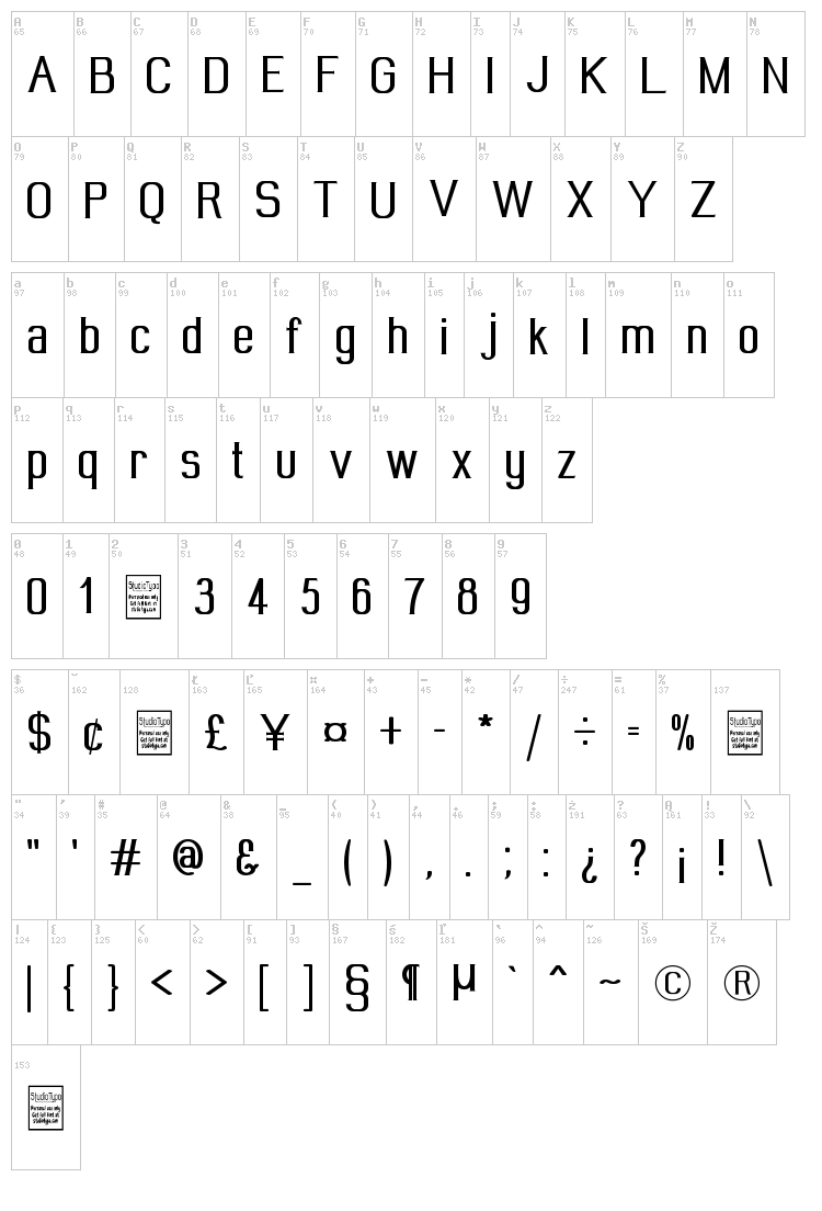 Wideroy font map