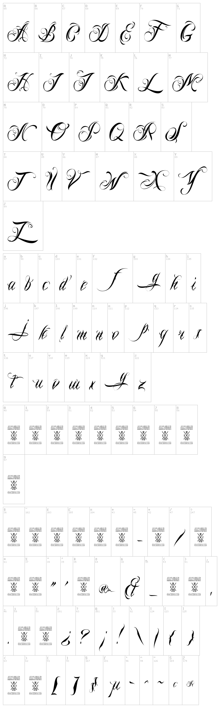 Nina Script font map