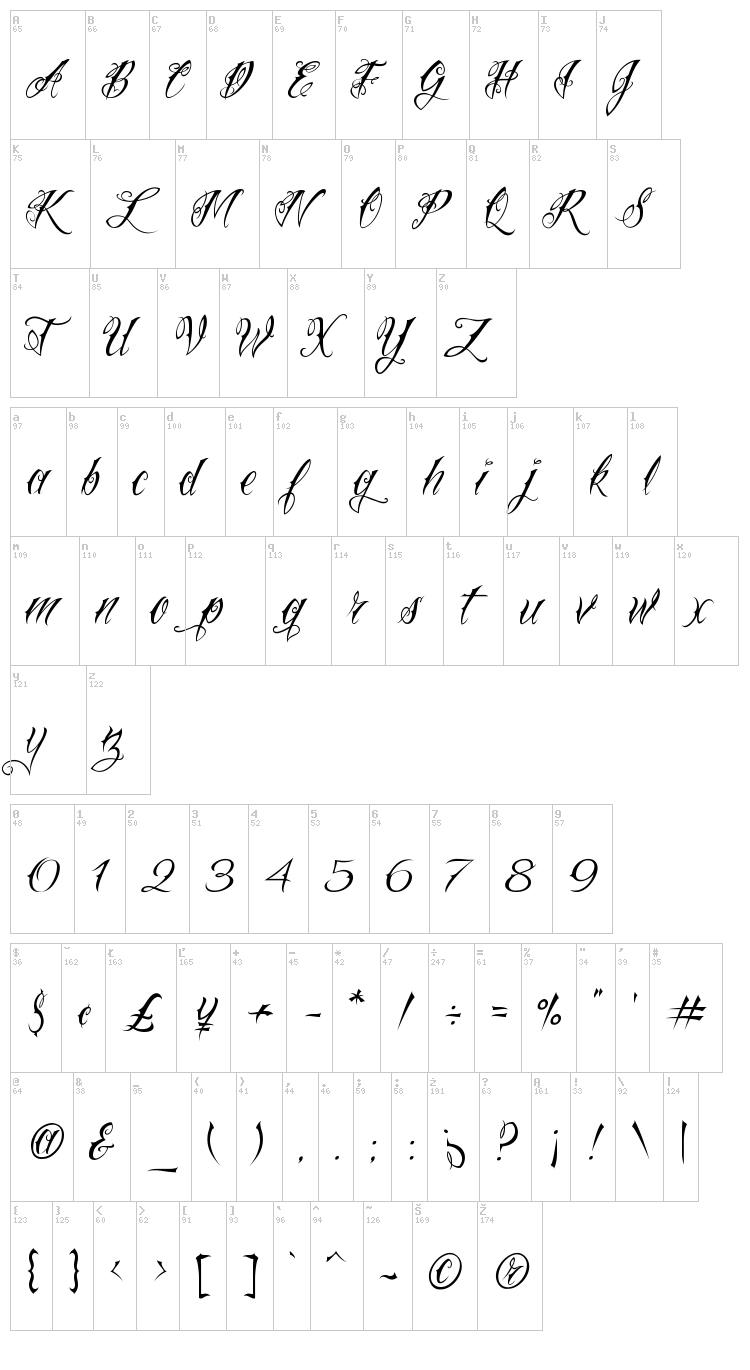 VTC Nue Tattoo Script font map