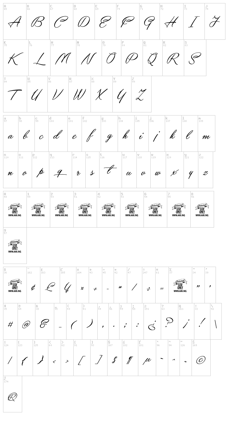 Yaquote Script font map