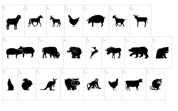 Farm & Wild Animals font map