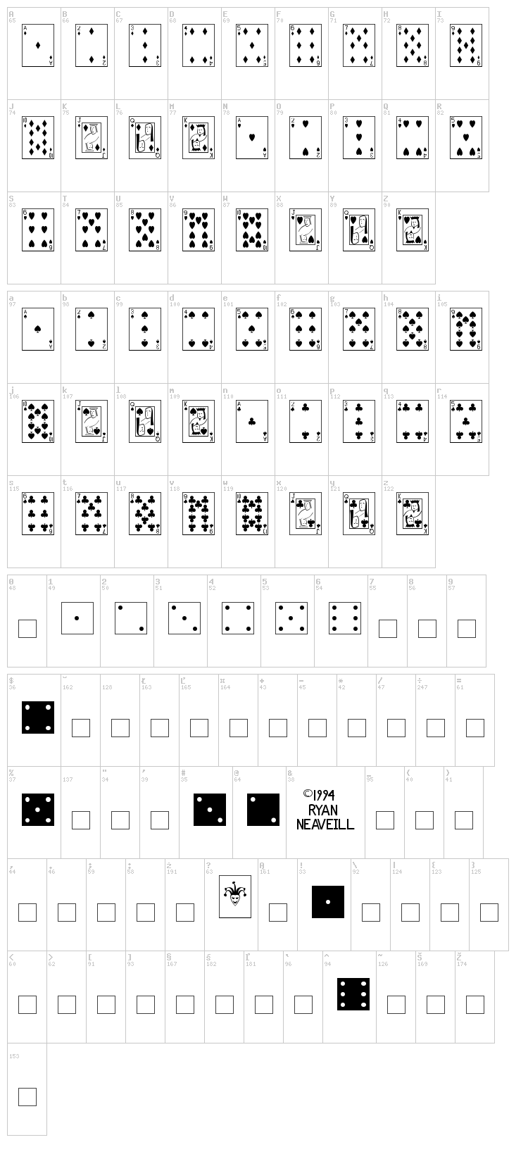 Playing Cards font map