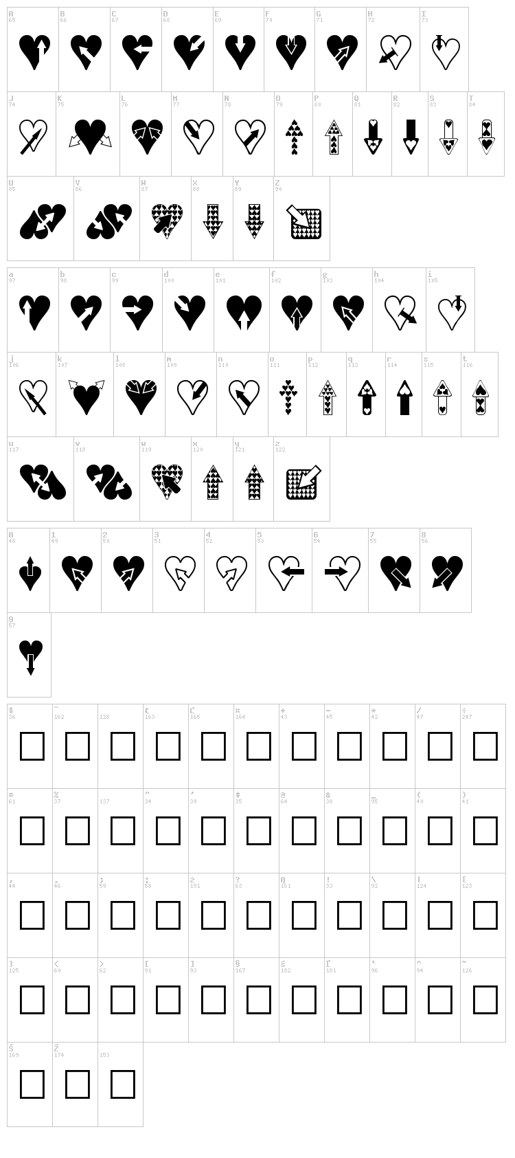 Hearts n Arrows font map