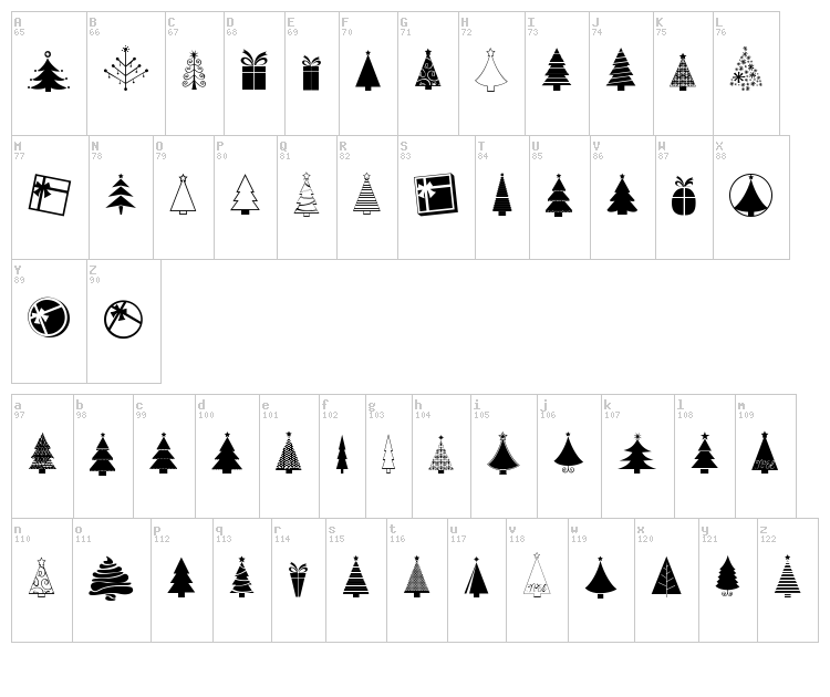 KG Christmas Trees font map