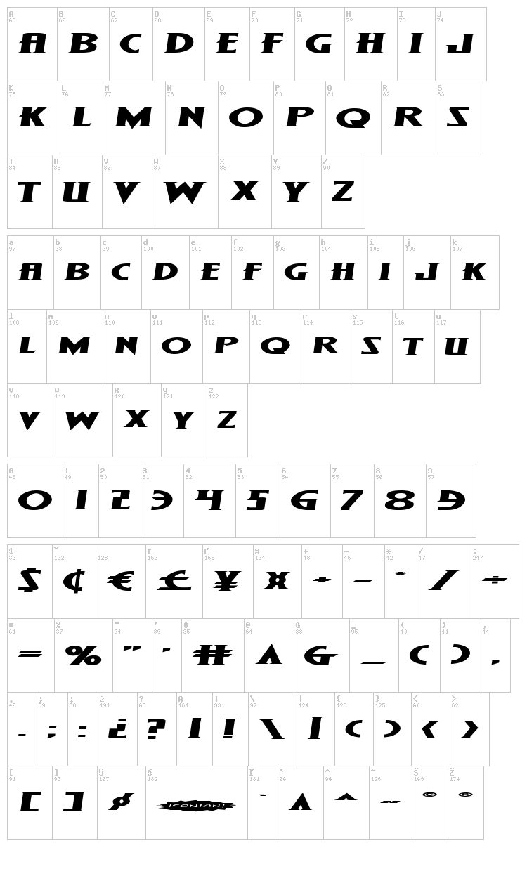 Wolf's Bane Super-Expanded font map