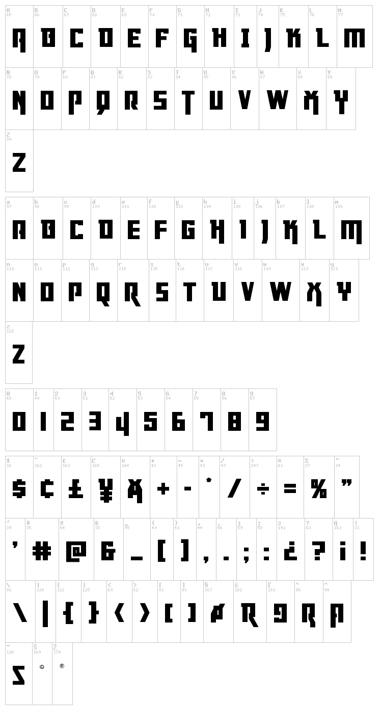 Danger Flight font map