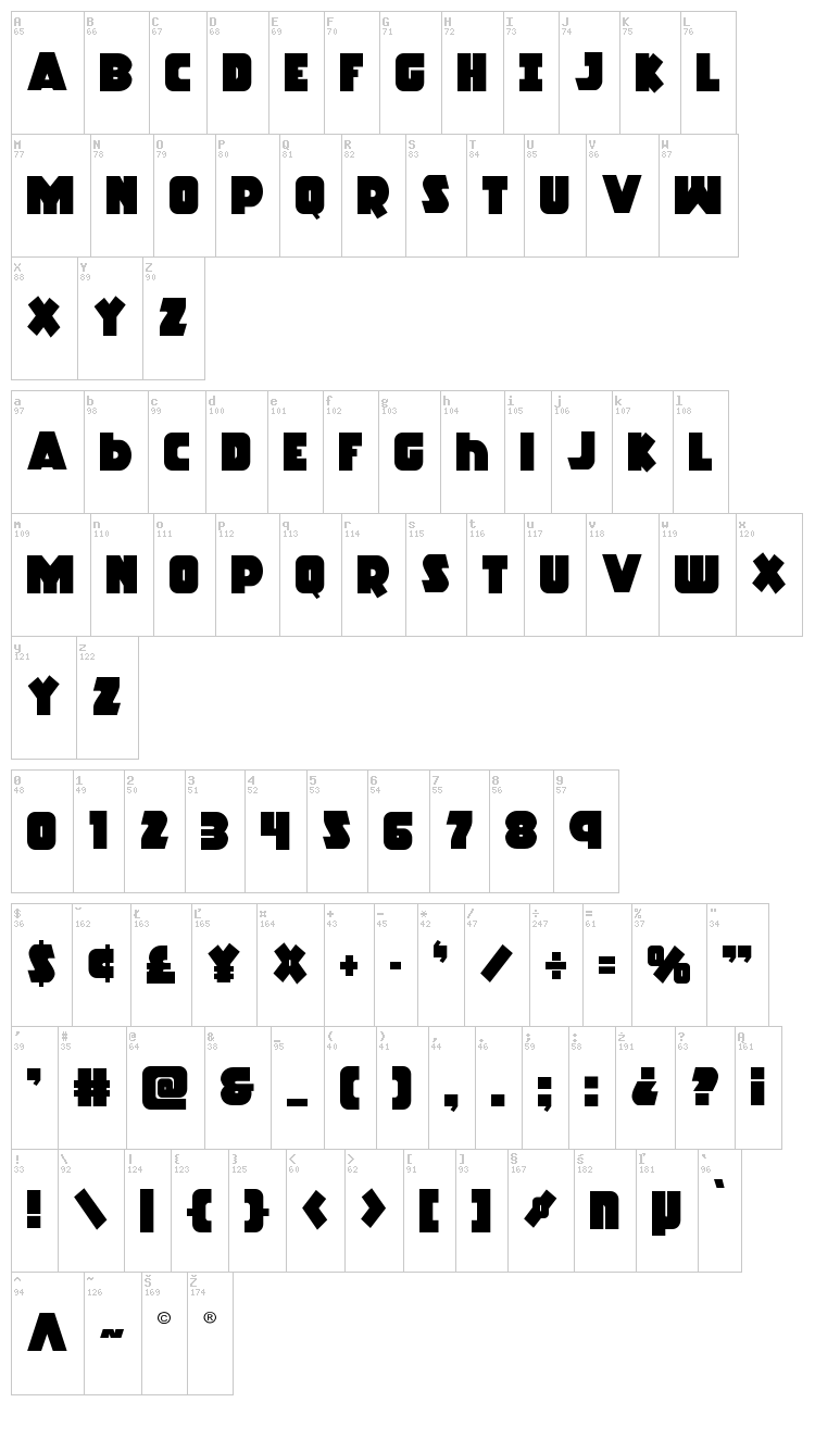 Racket Squad font map