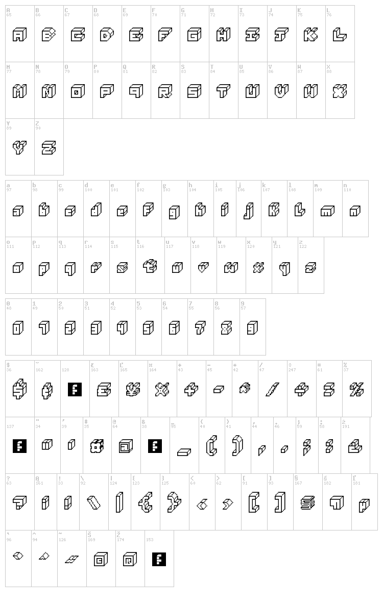 3D Thirteen Pixel Fonts font map