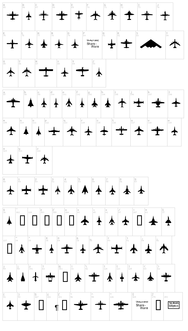 Planes-T-Modern font map